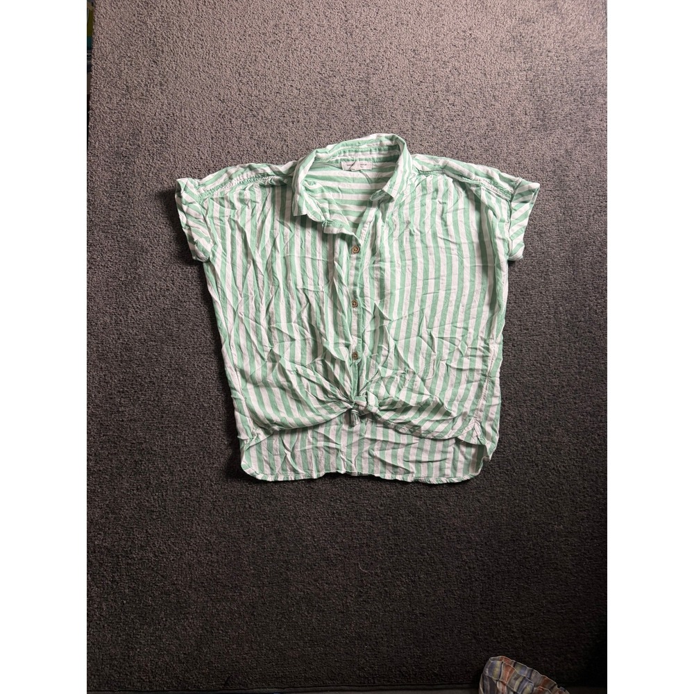 Beachlunchlounge Green White Striped Short Sleeve Tie Front Button Down Top XS